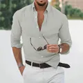 Detail view of a men's light gray cotton linen long sleeve casual shirt worn by a model - S / Tops / Gray