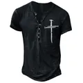 Close-up of a men's black Henley short sleeve t-shirt with white cross digital print - S / Tops / Washed Black Cross Pattern