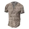 Front view of men's vintage wash Henley t-shirt with button neck and sleeve print - Off White