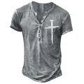 Close-up detail of men's casual gray Henley T-shirt with a white cross graphic print - S / Tops / Washed Gray Cross Pattern