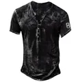 Vintage black men's short sleeve Henley shirt with distressed digital print and button neck - S / Tops / Washed Black Cross Pattern