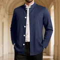 Elegant navy blue Chinese style stand-collar blazer for men with contrast white button details - S / Tops / Navy Blue