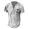 Detail showing grey distressed fabric and vintage graphic print on a Henley t-shirt. - S / Tops / Washed Light Gray Eagle Print