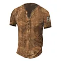 Vintage brown distressed digital print Henley t-shirt for men with sleeve number - S / Tops / Khaki