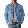 Close-up of blue faux suede utility jacket with stand collar and decorative buttons - S / Tops / Light Blue