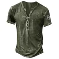 Close-up of the distressed fabric and buttoned Henley neckline on a casual men's tee - S / Tops / Green