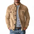 Detailed macro view of camel suede-like workwear jacket with stand collar and buttons - S / Tops / Khaki
