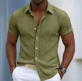 Detail view of olive green textured striped casual short sleeve button-down shirt for men - S / Tops / Green
