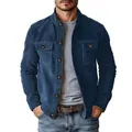 Detail view of men's blue suede work jacket with stand collar and multi-pockets - S / Tops / Dark Blue