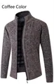 Detailed view of coffee brown zip-up men's knit cardigan with thick lining - Coffee