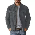Detailed front view of men's grey suede jacket on model showing pockets and buttons - Graphite Grey