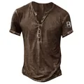 Macro view of men's brown Henley T-shirt with number 8 print on the sleeve - Brown