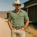 Vintage olive green cotton linen short sleeve cargo shirt for men with double pockets - Army Green