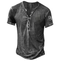 Close-up of men's casual distressed grey Henley shirt featuring number 8 digital print - S / Tops / Dark Gray