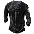 Detail showing the white cross print and acid wash texture on a black henley t-shirt. - S / Tops / Black
