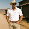 White men's vintage cotton linen short sleeve button-up shirt featuring dual chest pockets - S / Tops / White