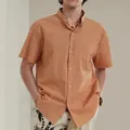 Men's casual stand collar cotton linen short sleeve shirt in solid terracotta orange color - S / Tops / Turmeric