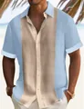 Primo piano di una camicia da uomo blu e beige color-block con trama in tessuto di lino - Azzurro