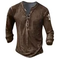 Detailed view of men's vintage brown Henley shirt with cross print on the sleeve - Dark Brown