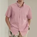 Casual men's cotton linen short sleeve shirt featuring a stand collar and chest pocket in pink - Pink