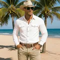Man wearing a premium white linen long-sleeve shirt on a beautiful tropical beach setting - S / Tops / White
