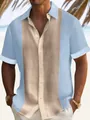 Men's casual color-block short sleeve shirt with lapel collar for beach vacation. - Light Blue