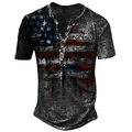 Men's vintage Henley t-shirt with distressed American flag print and button collar detail - S / Tops / Black