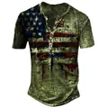 Vintage distressed American flag print Henley T-shirt for men with button neckline - S / Tops / Green