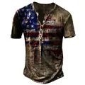 Detailed macro view of vintage distressed US flag print on a men's short-sleeve Henley T-shirt - S / Tops / Brown