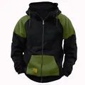 Detailed view of a men's color-block full-zip hooded sweatshirt in black and olive green. - Army Green