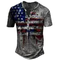 Men's casual short sleeve Henley t-shirt featuring a vintage distressed American flag print - S / Tops / Gray