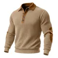 Detail view of men's ribbed knit sweatshirt with suede collar and elbow patches. - S / Tops / Khaki
