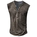 Vintage ανδρικό αμάνικο γιλέκο Henley με κουμπιά και ξεπλυμένη υφή σε σκούρο γκρι - Ανοιχτό Καφέ