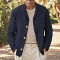 Detail view of men's navy blue cotton linen casual blazer with elegant three-button design - S / Tops / Navy Blue