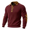 Close-up of men's burgundy ribbed knit pullover with brown suede collar and elbow patches - S / Tops / Burgundy