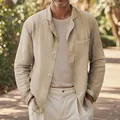 Detail shot of men's casual linen blazer in khaki with a natural outdoor lifestyle aesthetic. - S / Tops / Khaki