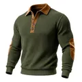 Close-up of olive green ribbed knit pullover with brown suede collar and elbow patches - S / Tops / Army Green