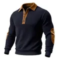 Men's navy ribbed knit polo shirt with brown suede collar and elbow patches - S / Tops / Navy Blue