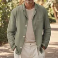 Detailed view of a men's sage green cotton linen casual blazer featuring natural texture - S / Tops / Light Green