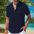 Stylish men's navy blue cotton linen henley shirt featuring a mandarin collar. - S / Tops / Black
