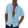 Close-up of men's light blue short sleeve shirt with stand collar and decorative patches - Blue