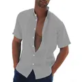Men's casual grey short-sleeved shirt with stand collar and patch detail shown on model - S / Tops / Gray