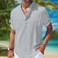 Men's casual cotton linen short sleeve shirt with mandarin collar and half-button placket - S / Tops / Gray