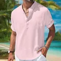 Detail view of pink men's cotton linen short sleeve shirt with a stylish mandarin collar - S / Tops / Pink