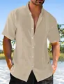 Chemise décontractée en coton et lin pour homme avec col officier de couleur kaki. - S / Hauts / Kaki