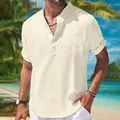 Detail view of a men's loose fit cream cotton linen shirt with stand collar and half placket - Apricot