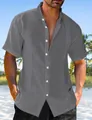Chemise décontractée en coton et lin gris à manches courtes avec un col montant chic - S / Hauts / Gris