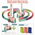 Electric domino laying train toy set in cherry pink includes 60 colorful dominoes - Electric Train Set (X006) / 60 Pieces Pack / Macaron Pink