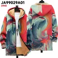 Thick winter fleece-lined hooded jacket featuring vibrant 3D abstract wave print design - Red And Blue Abstract Print (JL708-1)