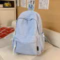 Großer Schulrucksack mit blau-weißem Karomuster im minimalistischen koreanischen Stil - Ohne Anhänger / Blau